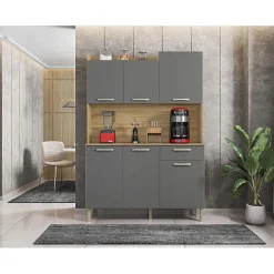 Buffet de Cuisine - GENOVA - Imitation Chêne et Gris - 6 Portes - 1 Tiroir - L 121.5 x H 176 cm