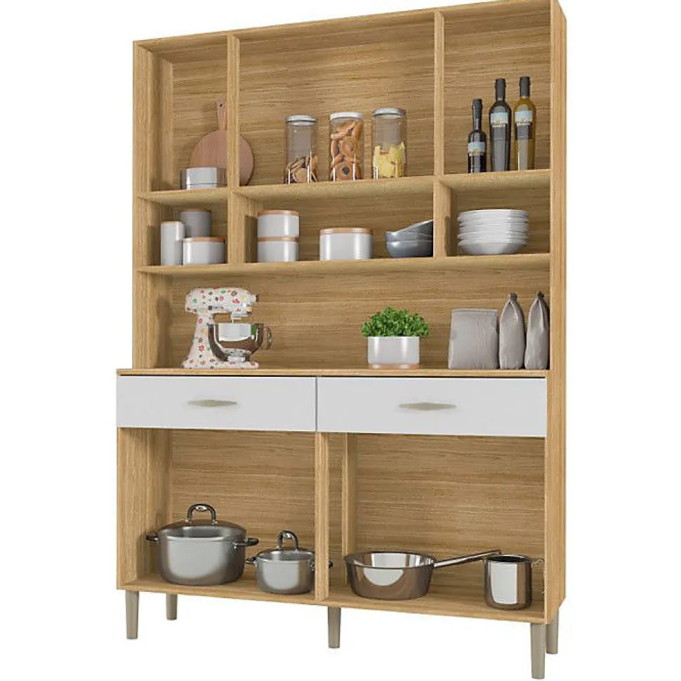 Buffet de Cuisine - GOLDEN - 8 Portes - 2 Tiroirs - Imitation Chêne et Blanc - L 121.4 cm H 173.5 cm