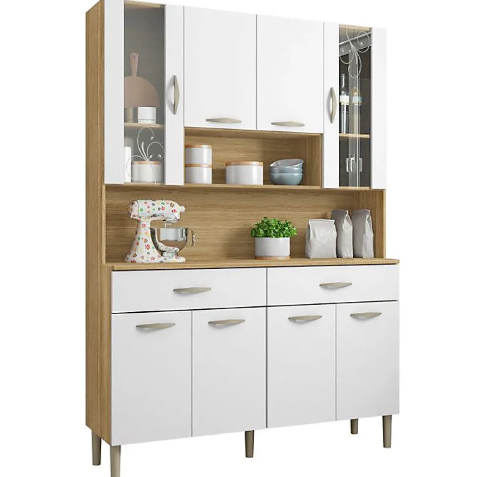 Buffet de Cuisine - GOLDEN - 8 Portes - 2 Tiroirs - Imitation Chêne et Blanc - L 121.4 cm H 173.5 cm