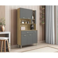 Buffet de Cuisine - KITS PARANA - 6 Portes 1 Tiroir - Imitation Chêne et Gris - Largeur 91 cm