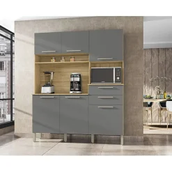 Buffet de Cuisine - MONTESA - 6 Portes - 2 Tiroirs - Imitation Chêne et Gris - L 160.7 x H 196 cm