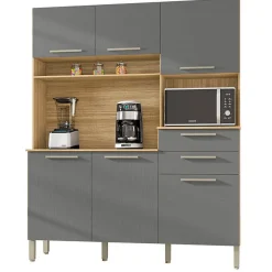 Buffet de Cuisine - MONTESA - 6 Portes - 2 Tiroirs - Imitation Chêne et Gris - L 160.7 x H 196 cm