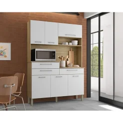Buffet de Cuisine - ORION - Imitation Chêne Blanc - 6 Portes - 3 Tiroirs - 9 Niches