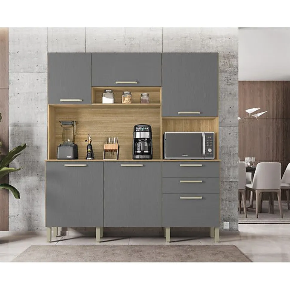 Buffet de Cuisine 6 Portes 2 Tiroirs Chêne et Gris L 180.2 H 198 P 38.8 cm - L 180.2 x l 38.8 x H 198 cm