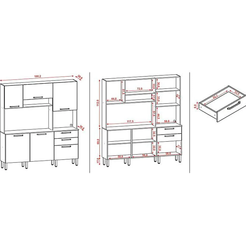 Buffet de Cuisine 6 Portes 2 Tiroirs Chêne et Gris L 180.2 H 198 P 38.8 cm - L 180.2 x l 38.8 x H 198 cm