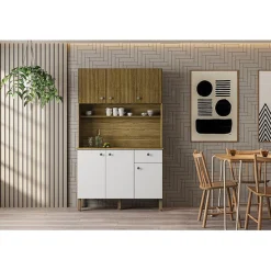 Buffet de Cuisine 6 Portes 1 Tiroir Chêne et Blanc 7 Niches L 111 H 185 P 39.3 cm - L 111 x l 39.3 x H 185 cm