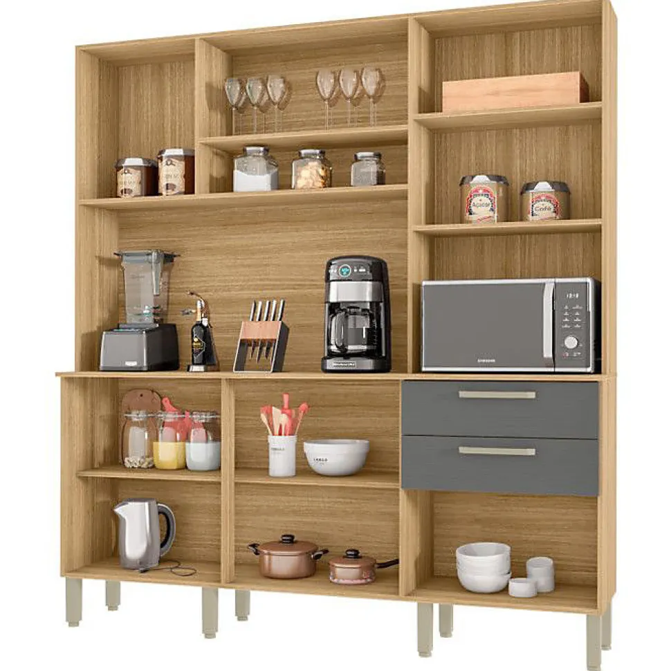 Buffet de Cuisine 6 Portes 2 Tiroirs Chêne et Gris L 180.2 H 198 P 38.8 cm - L 180.2 x l 38.8 x H 198 cm