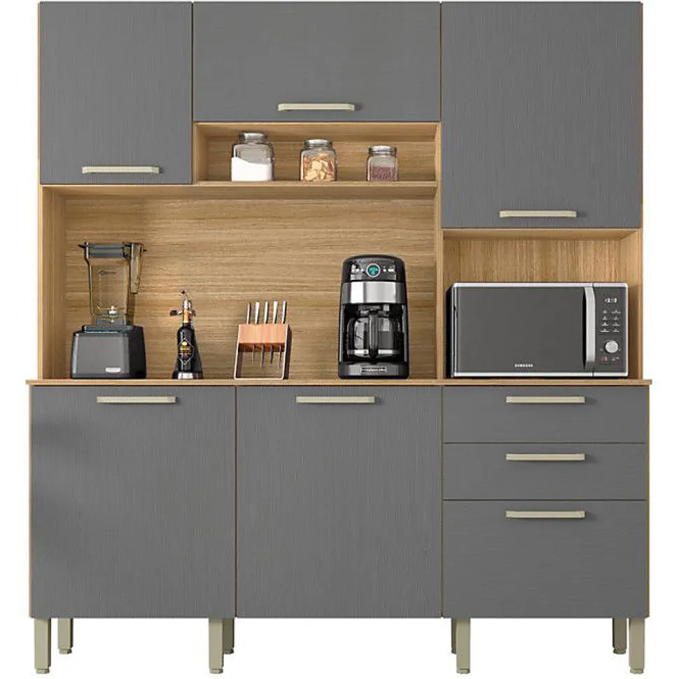 Buffet de Cuisine 6 Portes 2 Tiroirs Chêne et Gris L 180.2 H 198 P 38.8 cm - L 180.2 x l 38.8 x H 198 cm