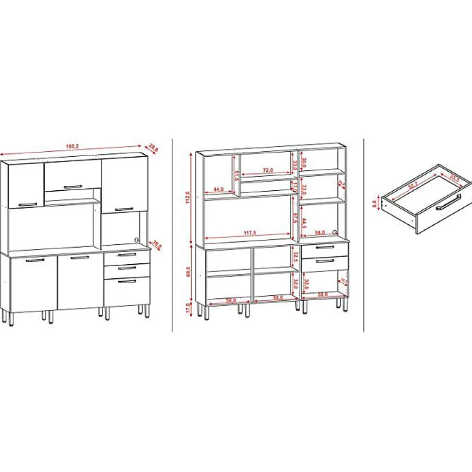 Buffet de Cuisine 6 Portes 2 Tiroirs Chêne et Taupe L 180.2 H 198 P 38.8 cm - L 180.2 x l 38.8 x H 198 cm
