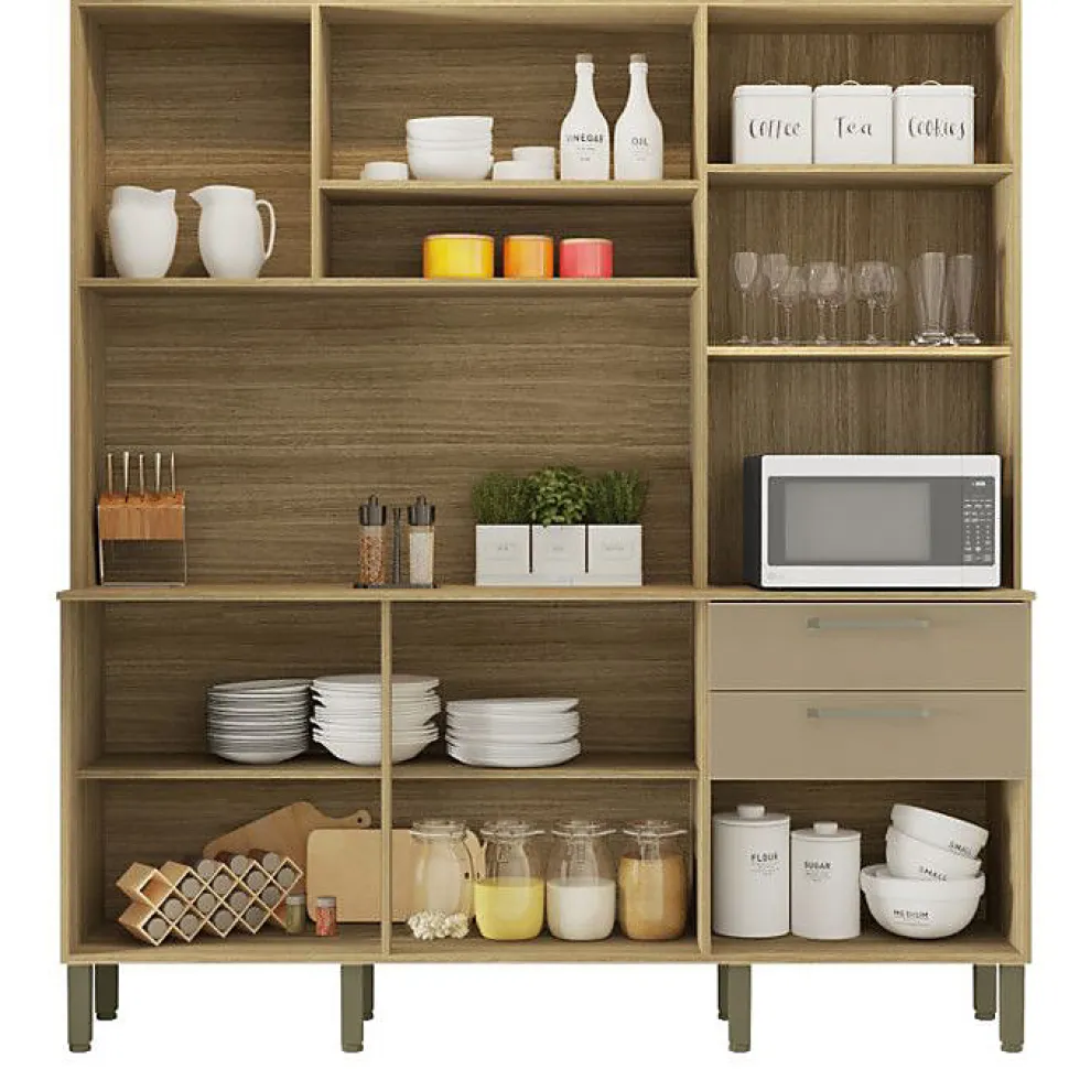 Buffet de Cuisine 6 Portes 2 Tiroirs Chêne et Taupe L 180.2 H 198 P 38.8 cm - L 180.2 x l 38.8 x H 198 cm