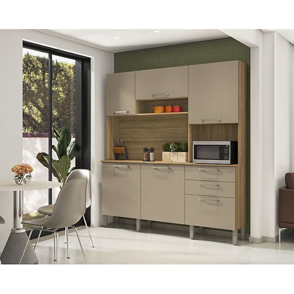 Buffet de Cuisine 6 Portes 2 Tiroirs Chêne et Taupe L 180.2 H 198 P 38.8 cm - L 180.2 x l 38.8 x H 198 cm
