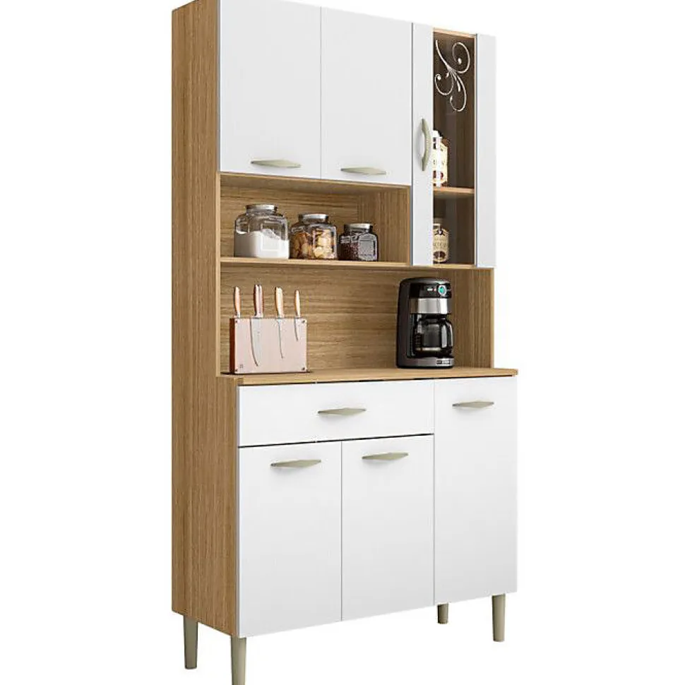 Buffet de Cuisine 6 Portes 1 Tiroir Chêne et Blanc L 90.9 H 173.5 P 36.3 cm - L 90.9 x l 36.3 x H 173.5 cm