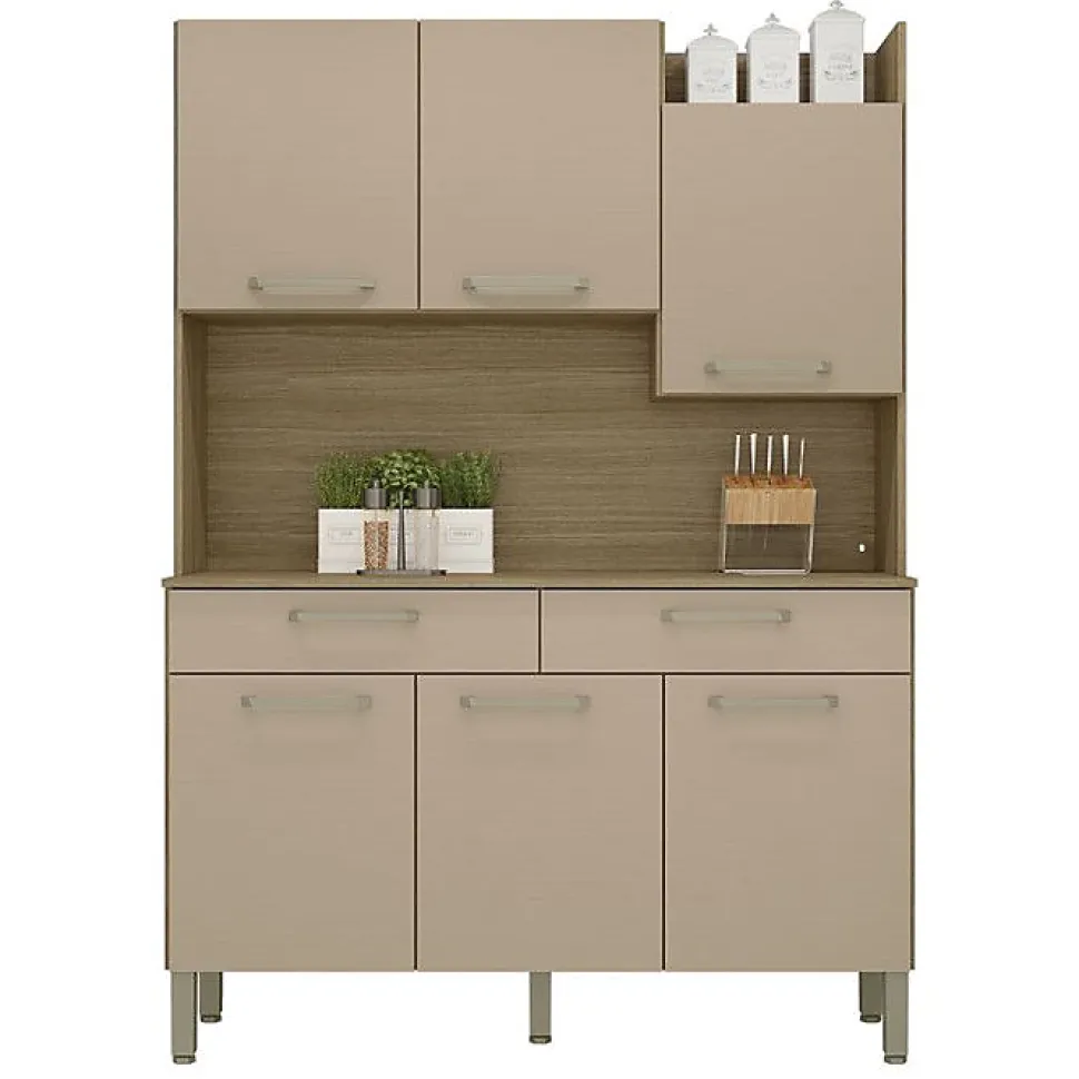 Buffet de Cuisine 6 Portes 2 Tiroirs Chêne Taupe 10 Niches L 132 H 186 P 38.8 cm - L 132 x l 38.8 x H 186 cm
