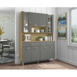 Buffet de Cuisine 8 Portes 2 Tiroirs Chêne et Gris L 121.4 H 173.5 P 36.3 cm - L 121.4 x l 36.3 x H 173.5 cm