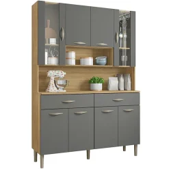 Buffet de Cuisine 8 Portes 2 Tiroirs Chêne et Gris L 121.4 H 173.5 P 36.3 cm - L 121.4 x l 36.3 x H 173.5 cm