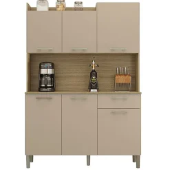 Buffet de Cuisine 6 Portes 1 Tiroir Chêne et Taupe L 121.5 H 176 P 36.3 cm - L 121.5 x l 36.3 x H 176 cm