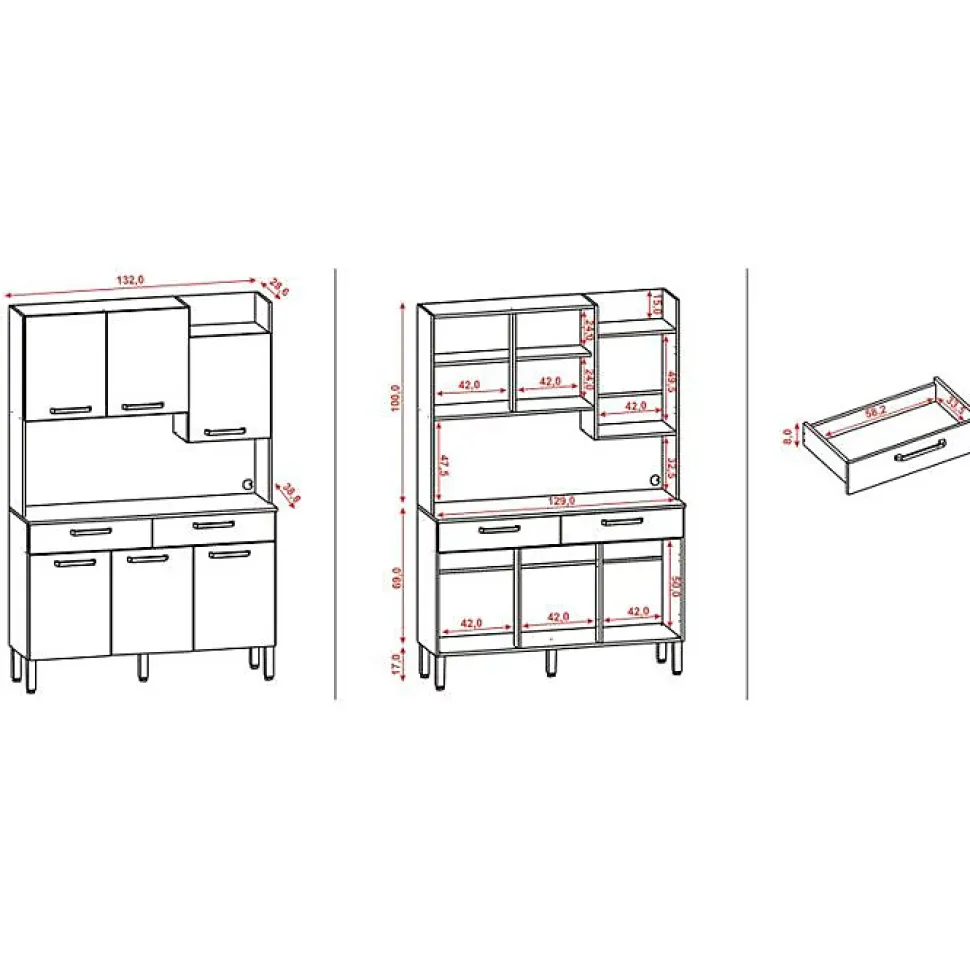 Buffet de Cuisine 6 Portes 2 Tiroirs Noyer Blanc 10 Niches L 132 H 186 P 38.8 cm - L 132 x l 38.8 x H 186 cm