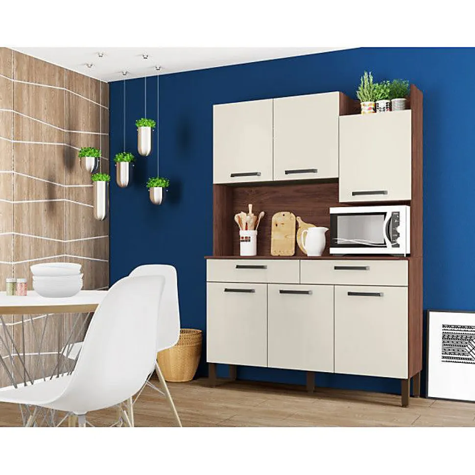 Buffet de Cuisine 6 Portes 2 Tiroirs Noyer Blanc 10 Niches L 132 H 186 P 38.8 cm - L 132 x l 38.8 x H 186 cm