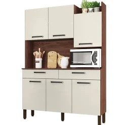 Buffet de Cuisine 6 Portes 2 Tiroirs Noyer Blanc 10 Niches L 132 H 186 P 38.8 cm - L 132 x l 38.8 x H 186 cm
