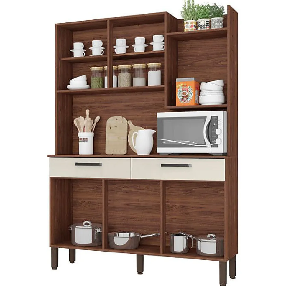 Buffet de Cuisine 6 Portes 2 Tiroirs Noyer Blanc 10 Niches L 132 H 186 P 38.8 cm - L 132 x l 38.8 x H 186 cm