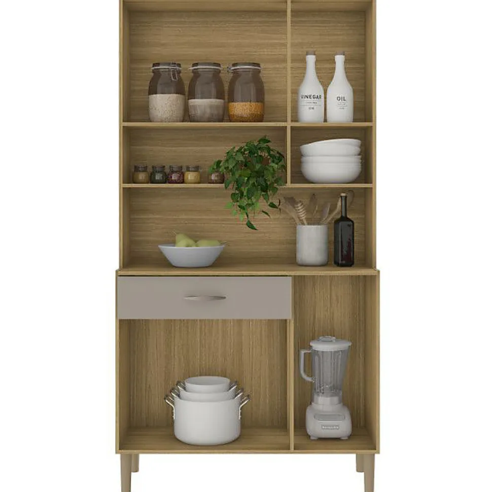 Buffet de Cuisine 6 Portes 1 Tiroir Chêne Taupe 7 Niches L 90.9 H173.5 P 36.3 cm - L 90.9 x l 36.3 x H 173.5 cm
