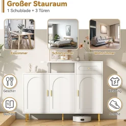 Buffet de Cuisine 3 Portes et Tiroir, Pieds Métalliques, Meuble de Rangement pour Salon Moderne - Blanc 120x35x92 cm