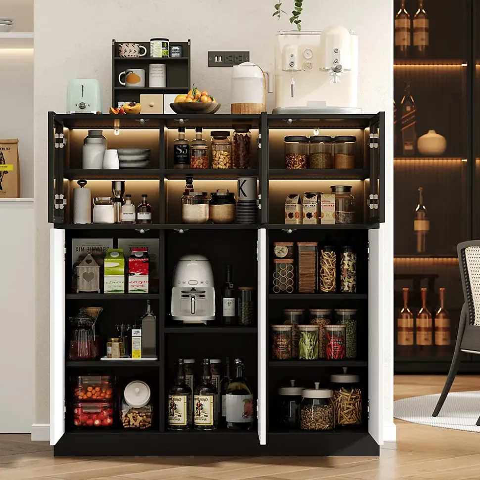 Buffet de Cuisine avec Éclairage LED Réglable et 3 Portes en Verre - Meuble de Rangement - Panneaux de Particules - Blanc/Noir