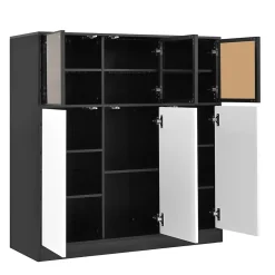 Buffet de Cuisine avec Éclairage LED Réglable et 3 Portes en Verre - Meuble de Rangement - Panneaux de Particules - Blanc/Noir