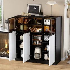 Buffet de Cuisine avec Éclairage LED Réglable et 3 Portes en Verre - Meuble de Rangement - Panneaux de Particules - Blanc/Noir