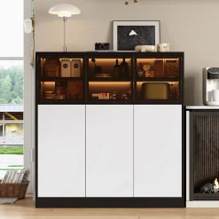 Buffet de Cuisine avec Éclairage LED Réglable et 3 Portes en Verre - Meuble de Rangement - Panneaux de Particules - Blanc/Noir