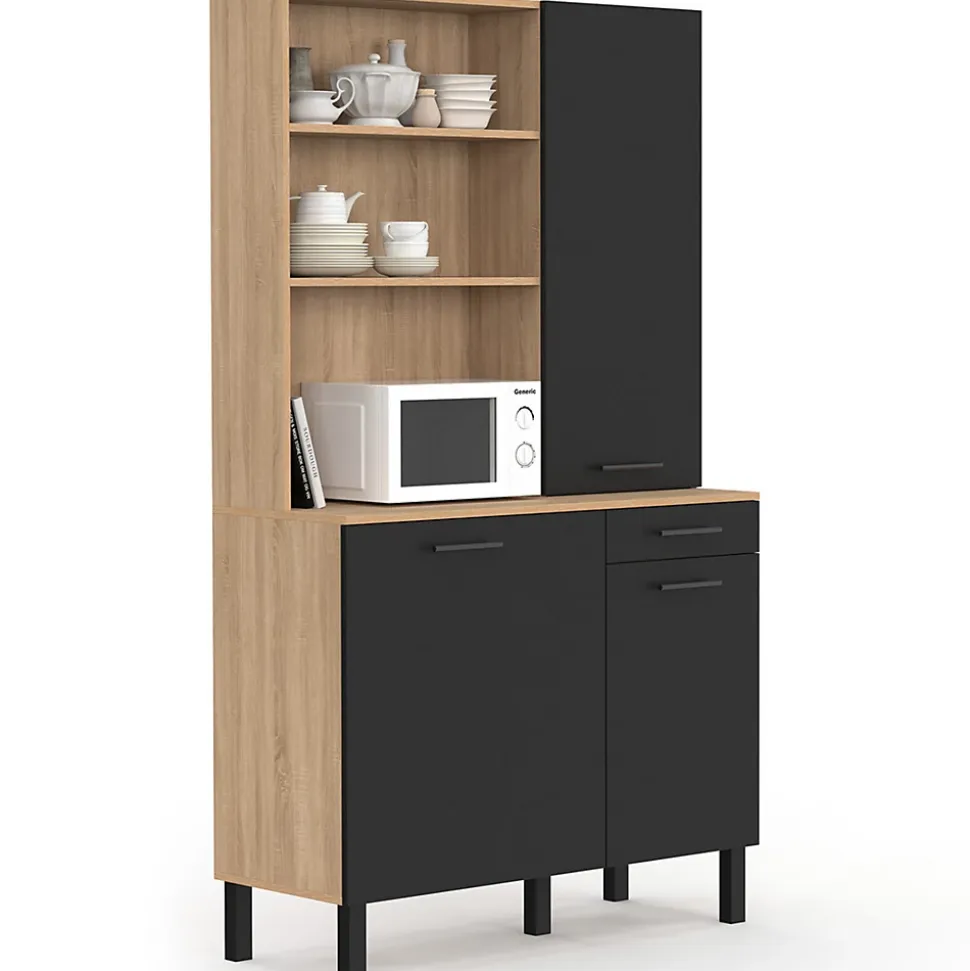 Buffet de cuisine avec colonne de rangement 100 CM CINA 3 portes + tiroir façon hêtre et noir
