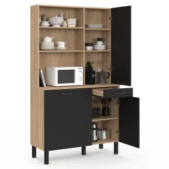 Buffet de cuisine avec colonne de rangement 100 CM CINA 3 portes + tiroir façon hêtre et noir