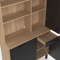 Buffet de cuisine avec colonne de rangement 100 CM CINA 3 portes + tiroir façon hêtre et noir