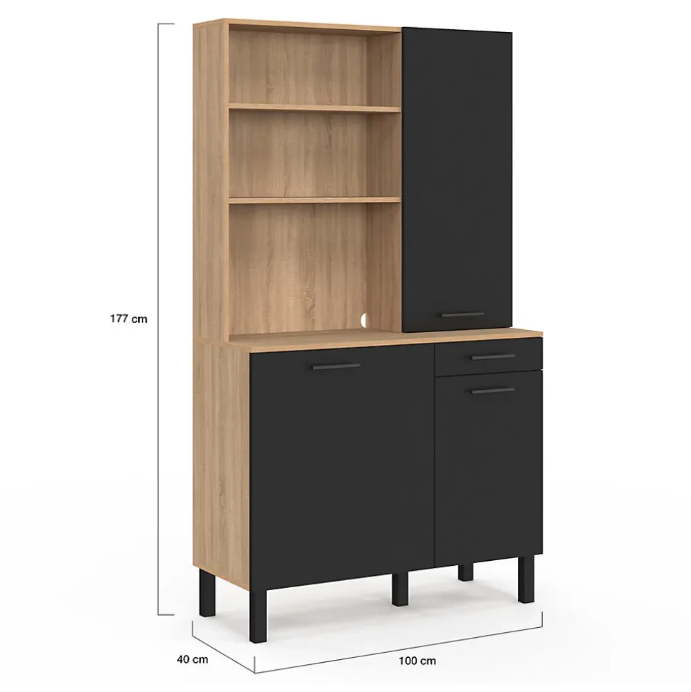 Buffet de cuisine avec colonne de rangement 100 CM CINA 3 portes + tiroir façon hêtre et noir