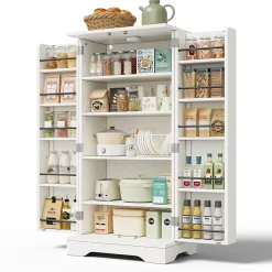 Buffet de Cuisine avec LED Détecteur, 2 Portes avec Étagères Réglables et Supports de Portes - Blanc - 120x60x40 cm