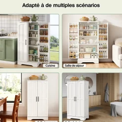 Buffet de Cuisine avec LED Détecteur, 2 Portes avec Étagères Réglables et Supports de Portes - Blanc - 120x60x40 cm