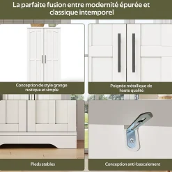 Buffet de Cuisine avec LED Détecteur, 2 Portes avec Étagères Réglables et Supports de Portes - Blanc - 120x60x40 cm