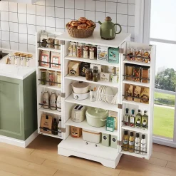 Buffet de Cuisine avec LED Détecteur, 2 Portes avec Étagères Réglables et Supports de Portes - Blanc - 120x60x40 cm