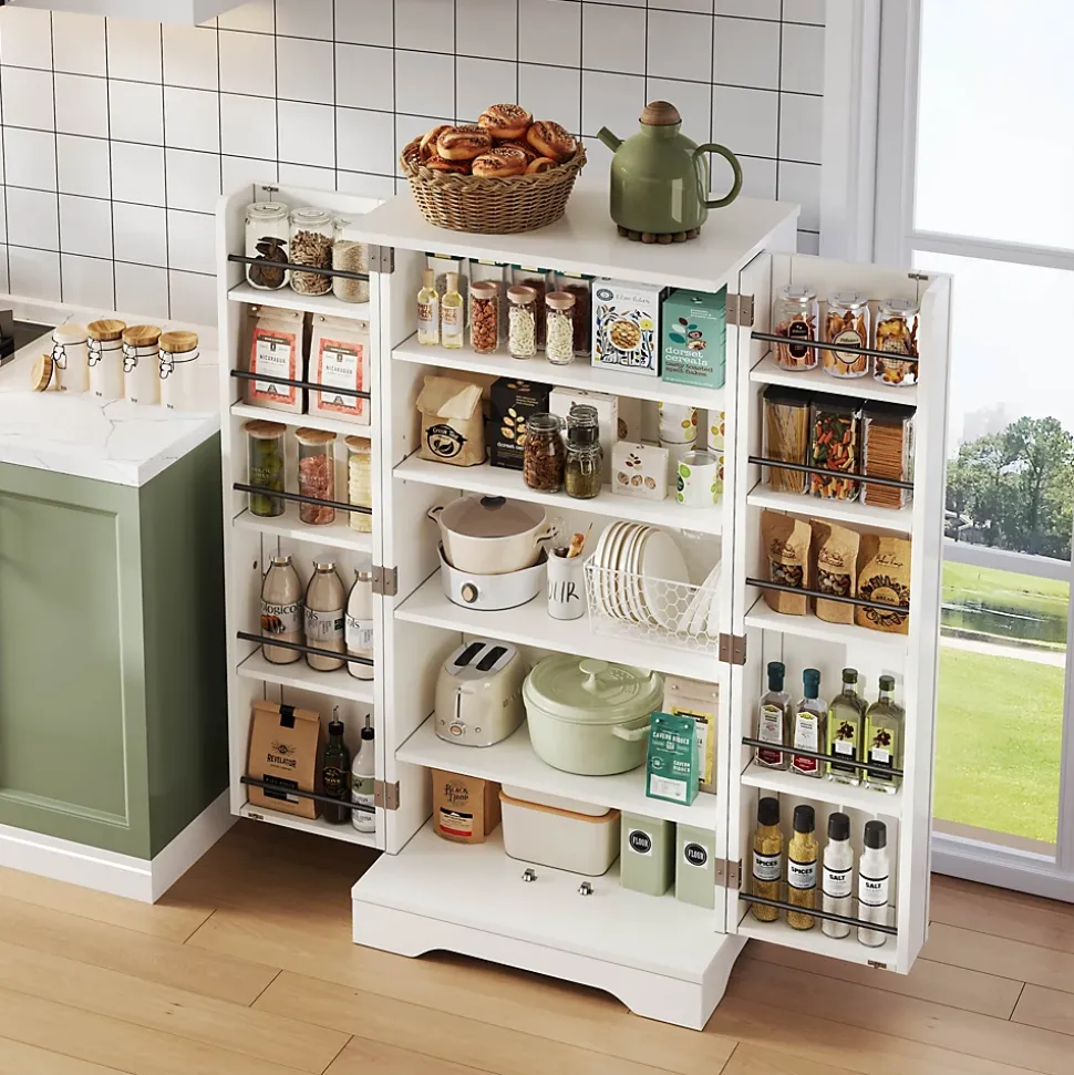 Buffet de Cuisine avec LED Détecteur, 2 Portes avec Étagères Réglables et Supports de Portes - Blanc - 120x60x40 cm