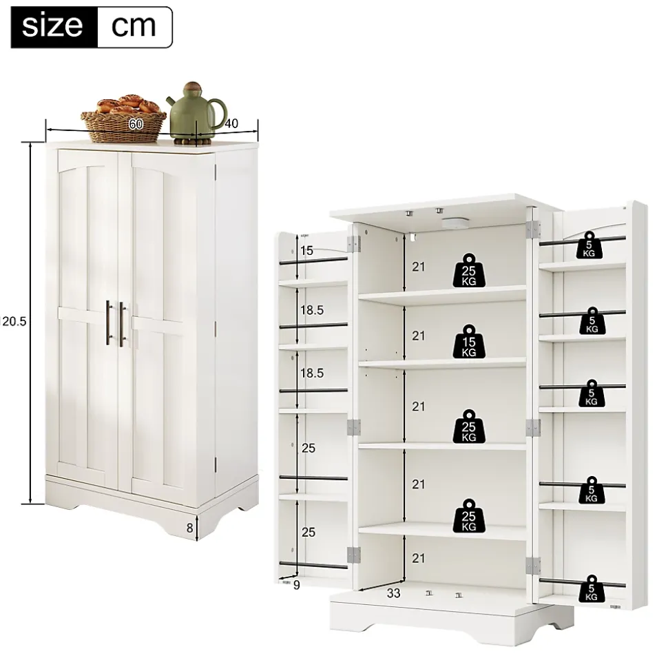 Buffet de Cuisine avec LED Détecteur, 2 Portes avec Étagères Réglables et Supports de Portes - Blanc - 120x60x40 cm
