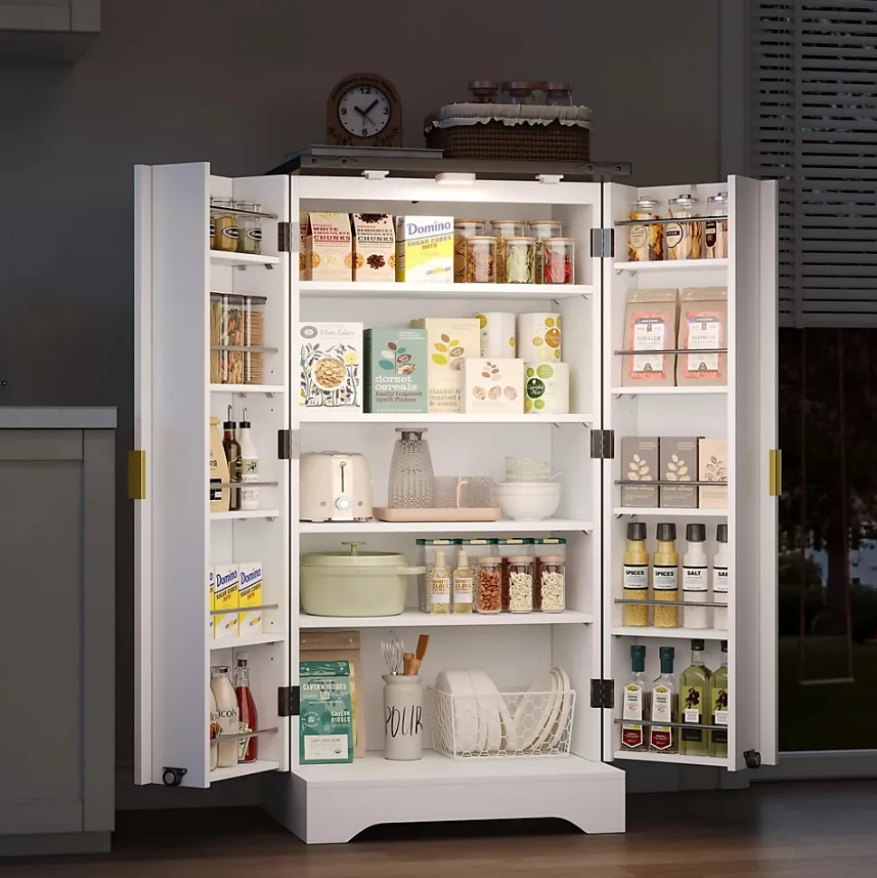 Buffet de Cuisine avec Portes et Étagères Réglables, Meuble de Cuisine avec Éclairage LED - Blanc - 60,5x40x120 cm