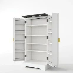 Buffet de Cuisine avec Portes et Étagères Réglables, Meuble de Cuisine avec Éclairage LED - Blanc - 60,5x40x120 cm