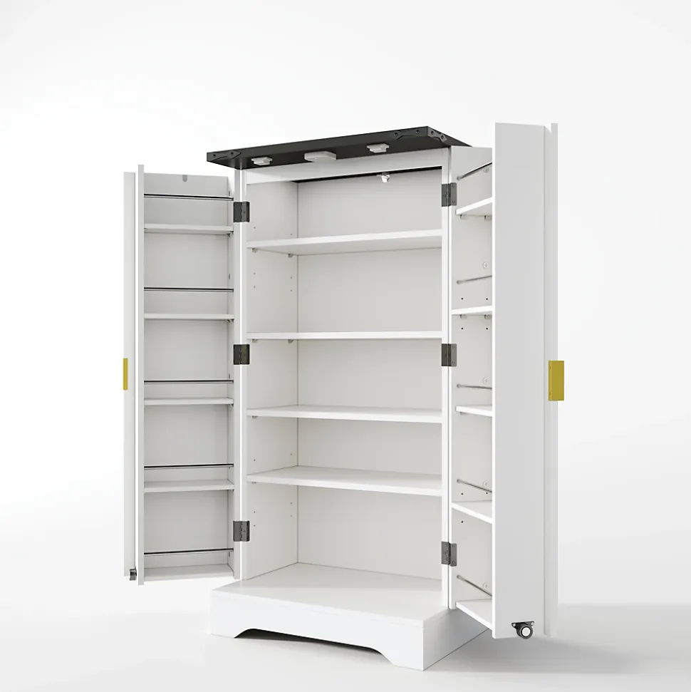 Buffet de Cuisine avec Portes et Étagères Réglables, Meuble de Cuisine avec Éclairage LED - Blanc - 60,5x40x120 cm