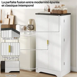 Buffet de Cuisine avec Portes et Étagères Réglables, Meuble de Cuisine avec Éclairage LED - Blanc - 60,5x40x120 cm