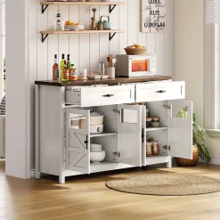 Buffet de Cuisine avec Rangement, 4 Portes et 2 Tiroirs Spacieux, Meuble pour Salle à Manger en MDF 140x39x90 cm - Blanc