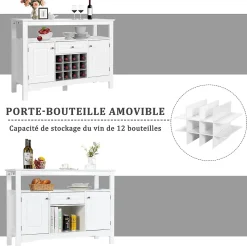 Buffet de Cuisine avec Support Amovible de Rangement pour 12 Bouteilles Etagere Tiroir Portes de Rangement Meuble de Bar