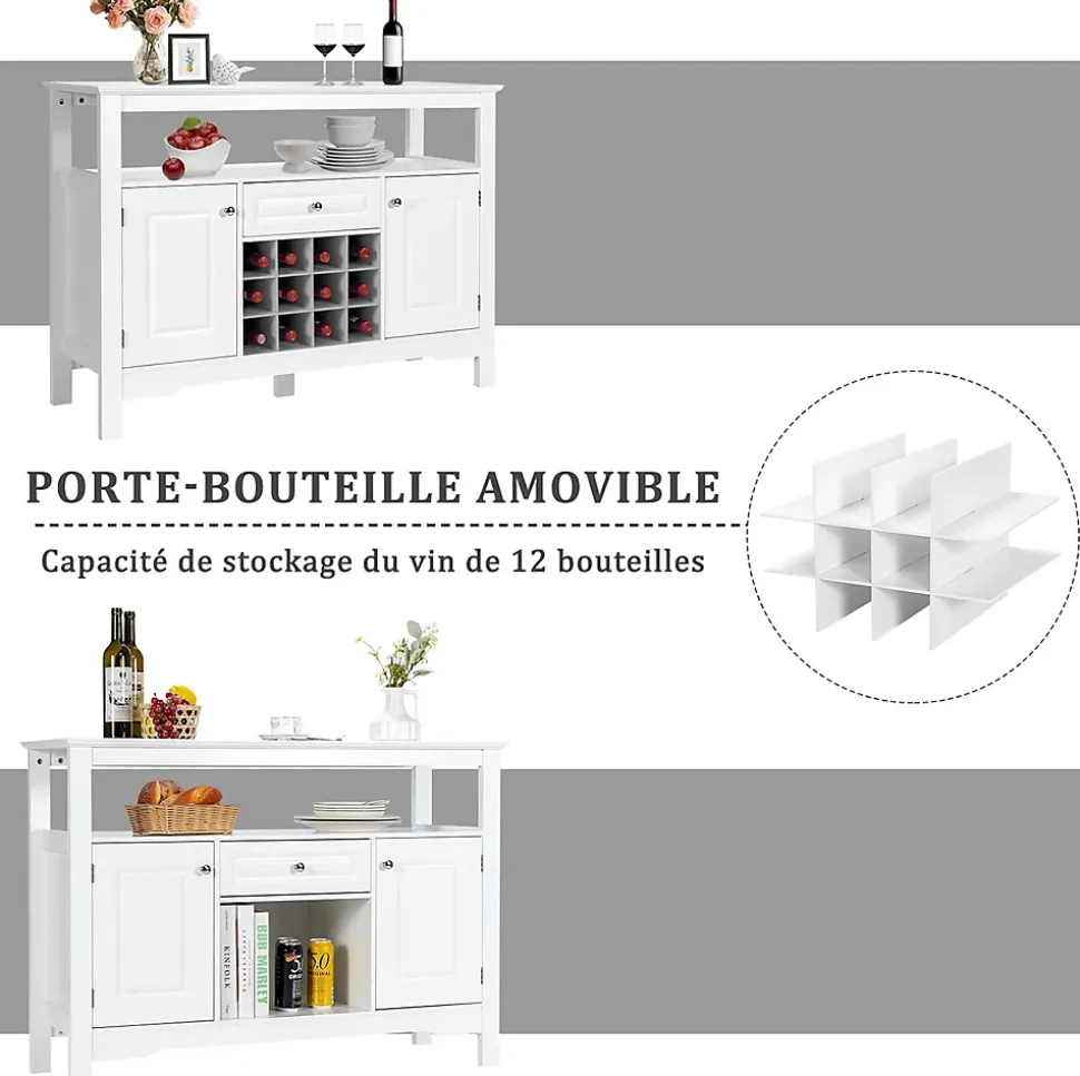 Buffet de Cuisine avec Support Amovible de Rangement pour 12 Bouteilles Etagere Tiroir Portes de Rangement Meuble de Bar