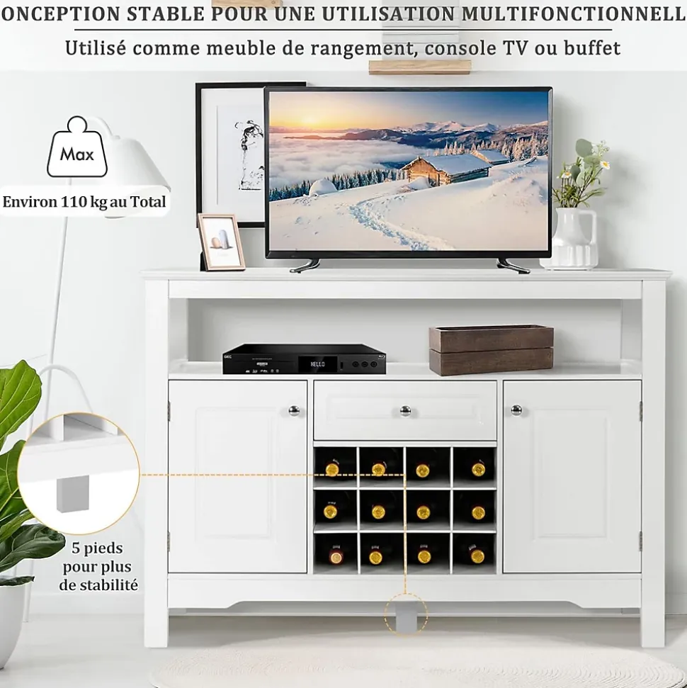 Buffet de Cuisine avec Support Amovible de Rangement pour 12 Bouteilles Etagere Tiroir Portes de Rangement Meuble de Bar