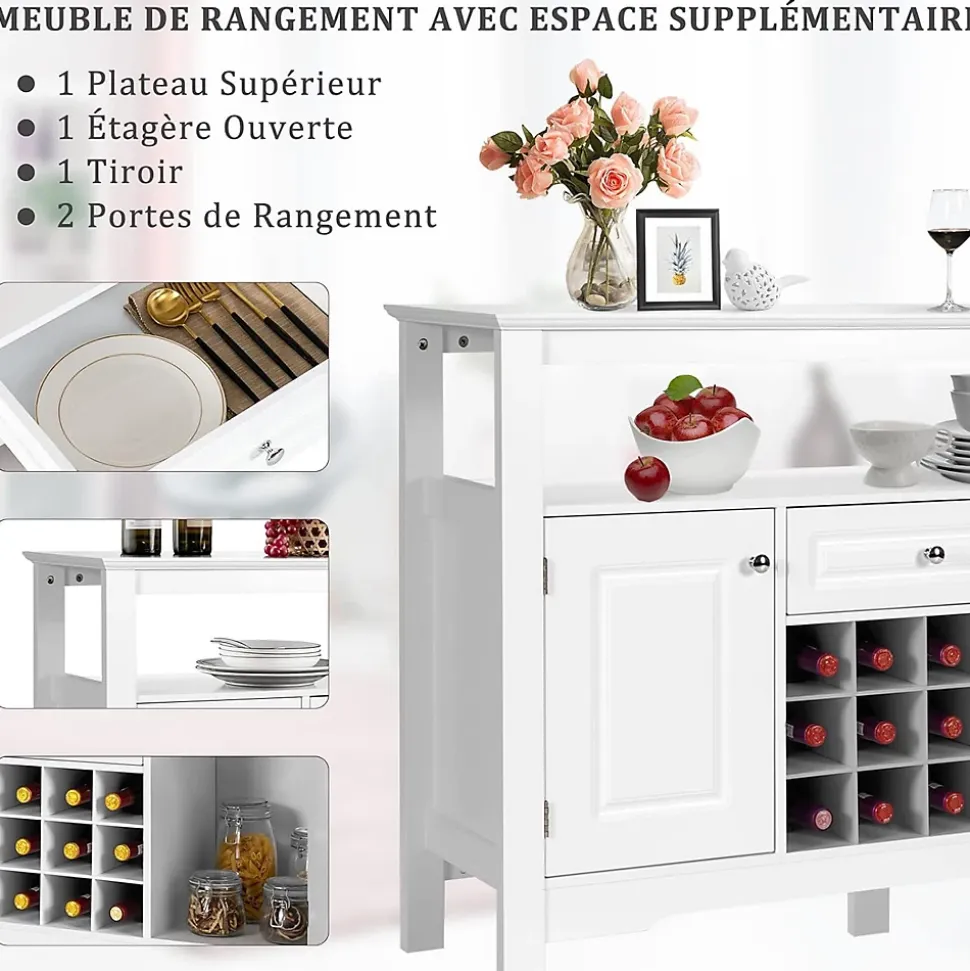 Buffet de Cuisine avec Support Amovible de Rangement pour 12 Bouteilles Etagere Tiroir Portes de Rangement Meuble de Bar