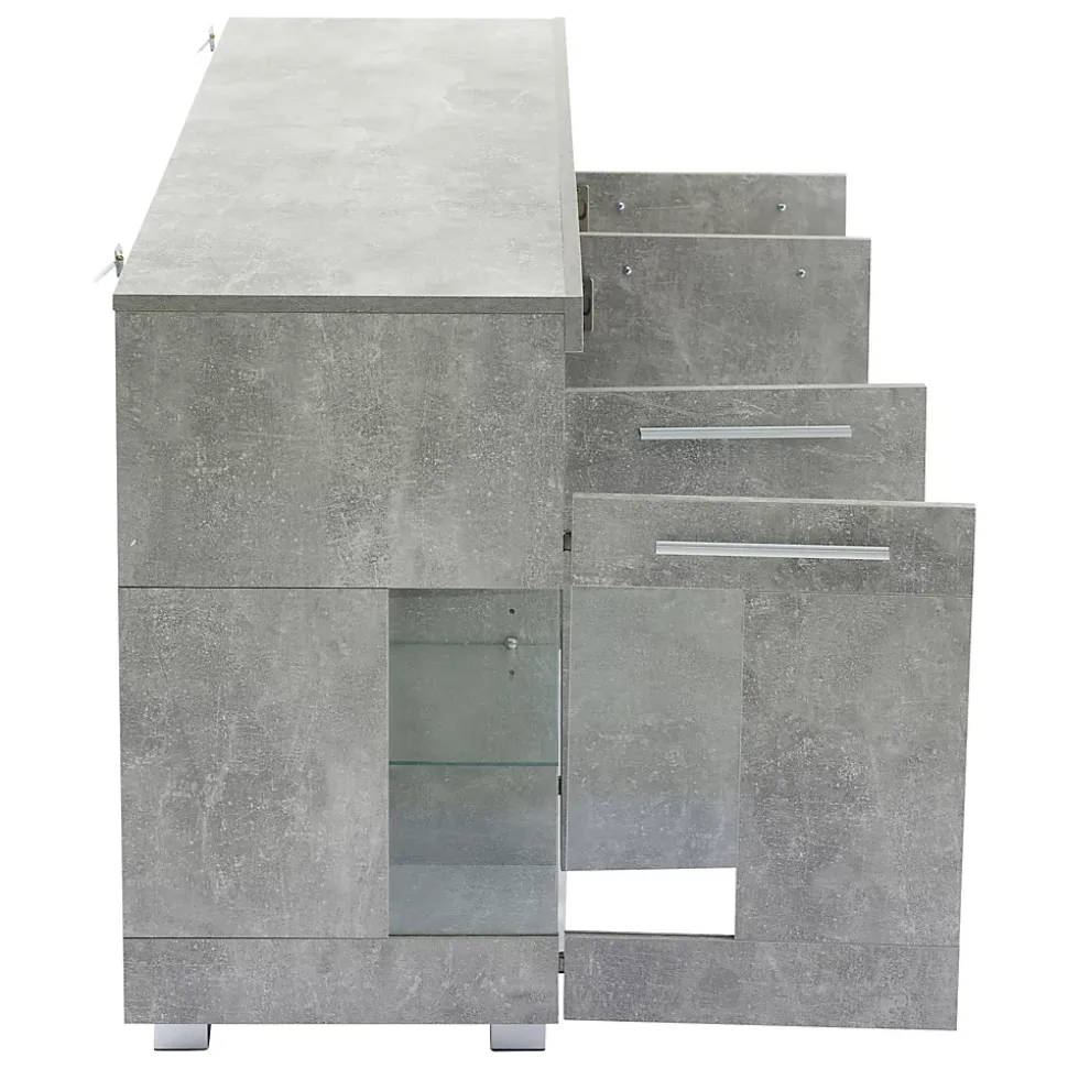 Buffet de Cuisine Bar avec 3 Compartiments et LED - Meuble Salon Moderne MDF et Verre Trempé, Gris Ciment - 140x40x70 cm